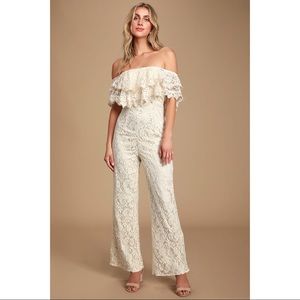Lulu’s Waiting For Forever Cream Lace Off-the-Shoulder Jumpsuit